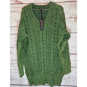 DQ2 Women's Two-Toned Green Cable Knit V-Neck Sweater NEW Women 1X 100% Cotton